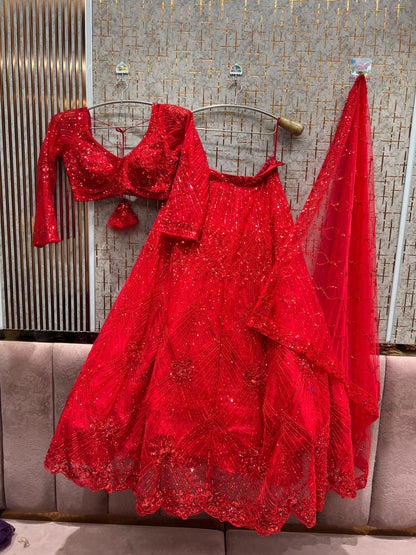 Delightful Red on Red Monotone Crop Top Lehenga