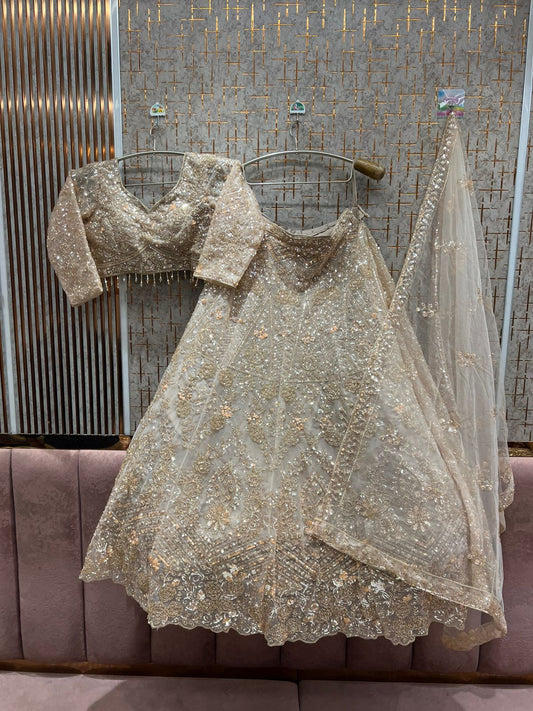 Majestic Beige golden Crop Top Lehenga