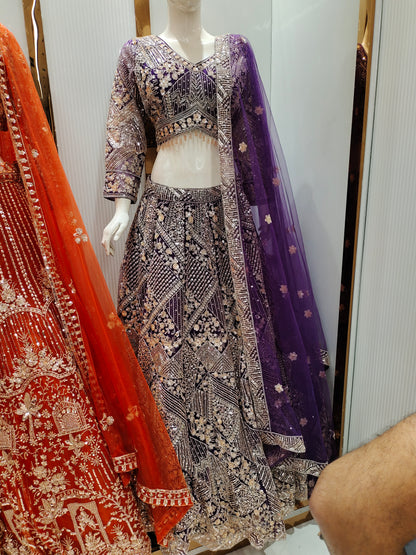 Glamorous purple violet wine Silver work floral crop top Lehenga