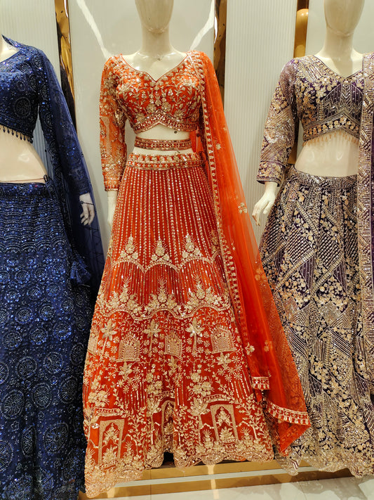 Full flare Mandir Handwork Orange Crop top Lehenga Happy Customer