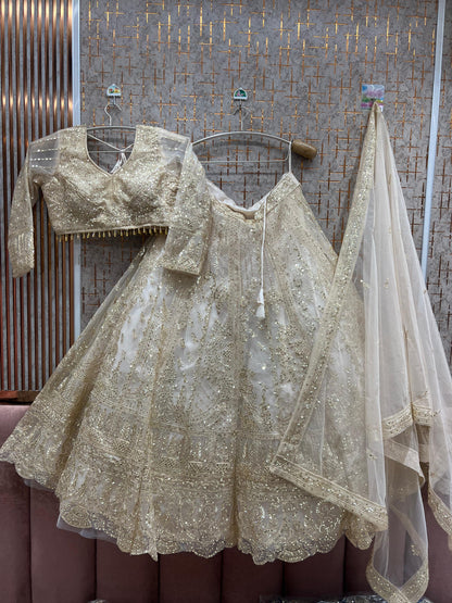 Fabulous White beige golden crop Top Ready To Wear Lehenga