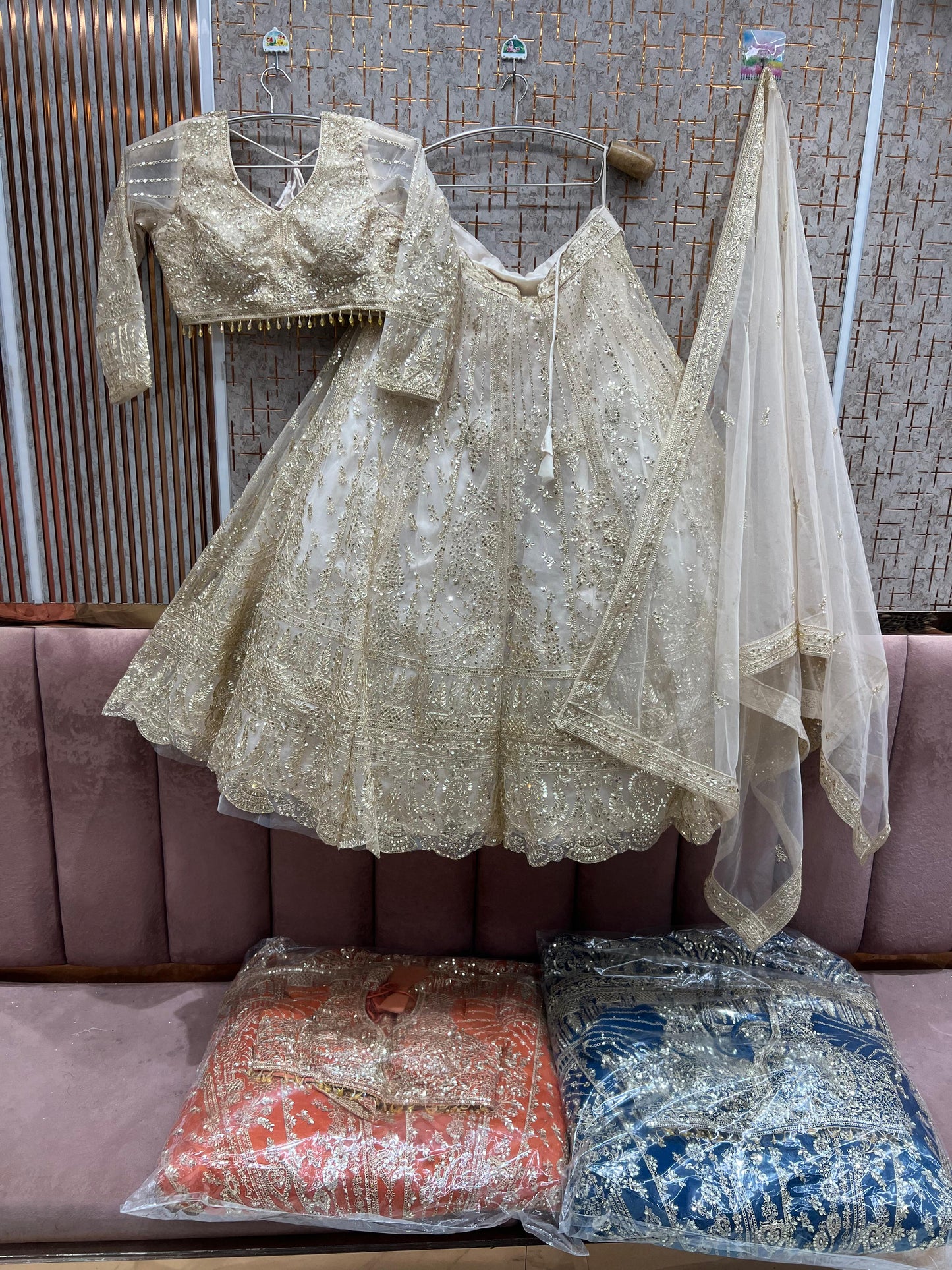 Fabulous White beige golden crop Top Ready To Wear Lehenga