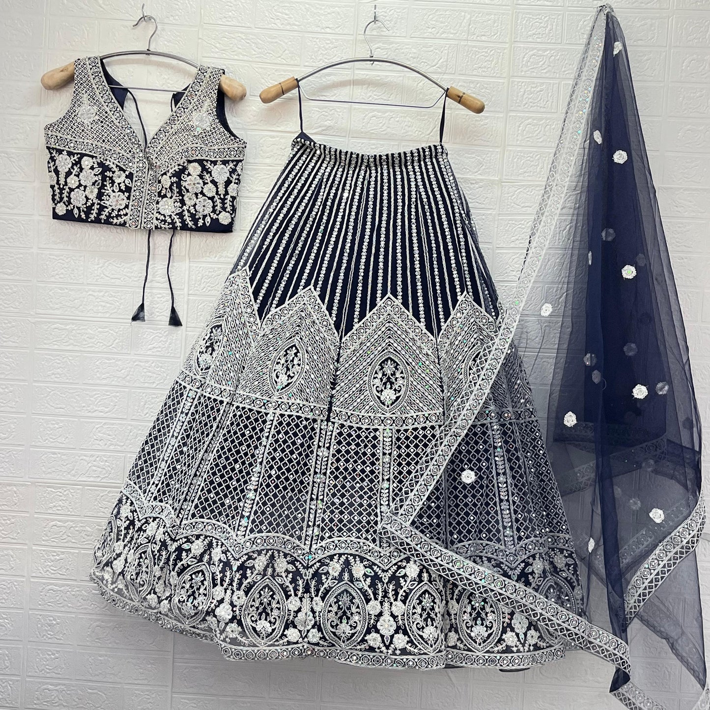 Designer Golden yellow Dark blue Ready to wear Crop Top Lehenga