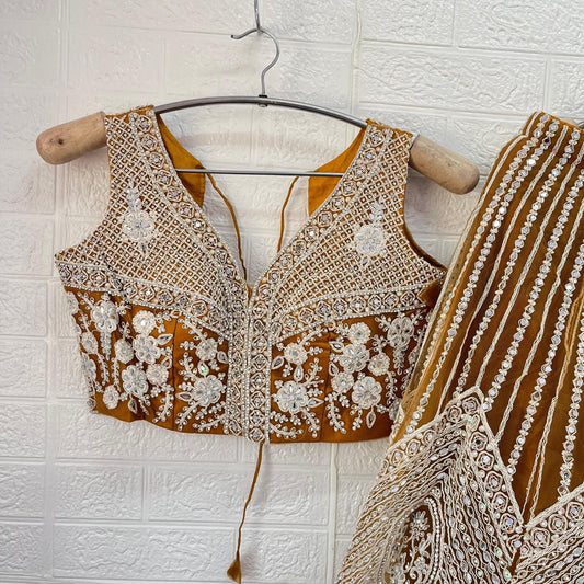 Designer Golden yellow Dark blue Ready to wear Crop Top Lehenga