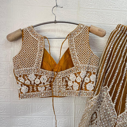 Designer Golden yellow Dark blue Ready to wear Crop Top Lehenga