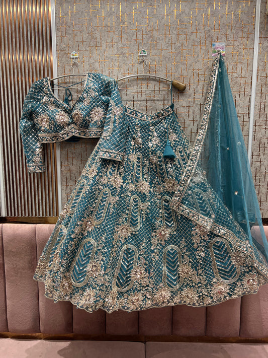 Attractive Sky blue crop top Lehenga