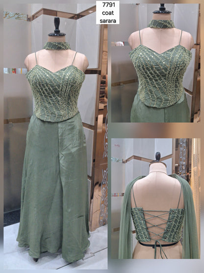 Khoobsurat green Shrug suit dress material