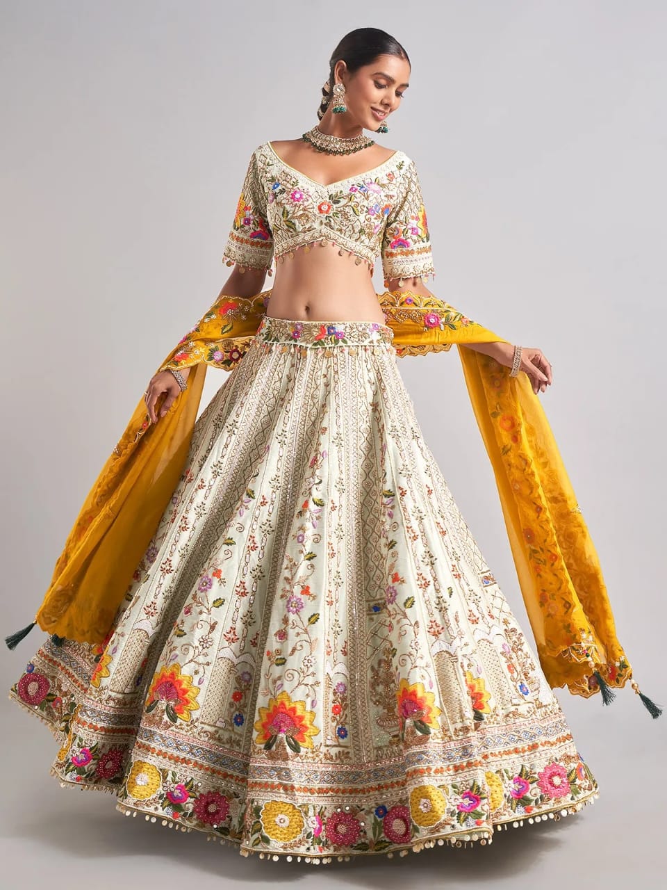 Awesome yellow Floral Crop top Lehenga (Happy Customer )