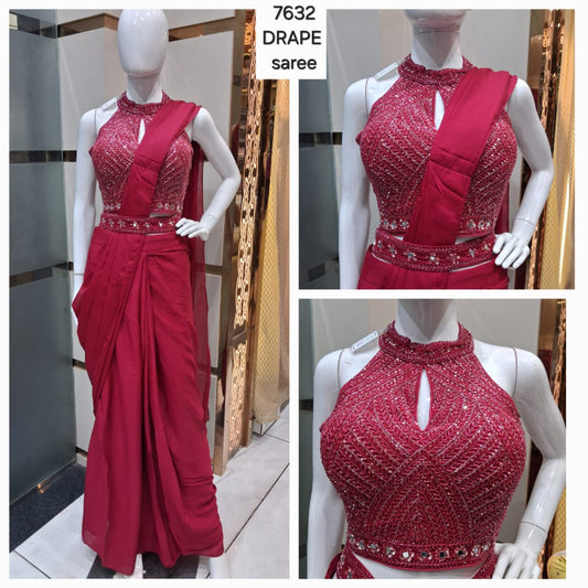 Embellished Red Rani pink Dark blue Black Blue yellow peach drape Saree Lehenga