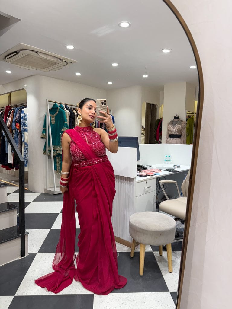 Embellished Red Rani pink Dark blue Black Blue yellow peach drape Saree Lehenga