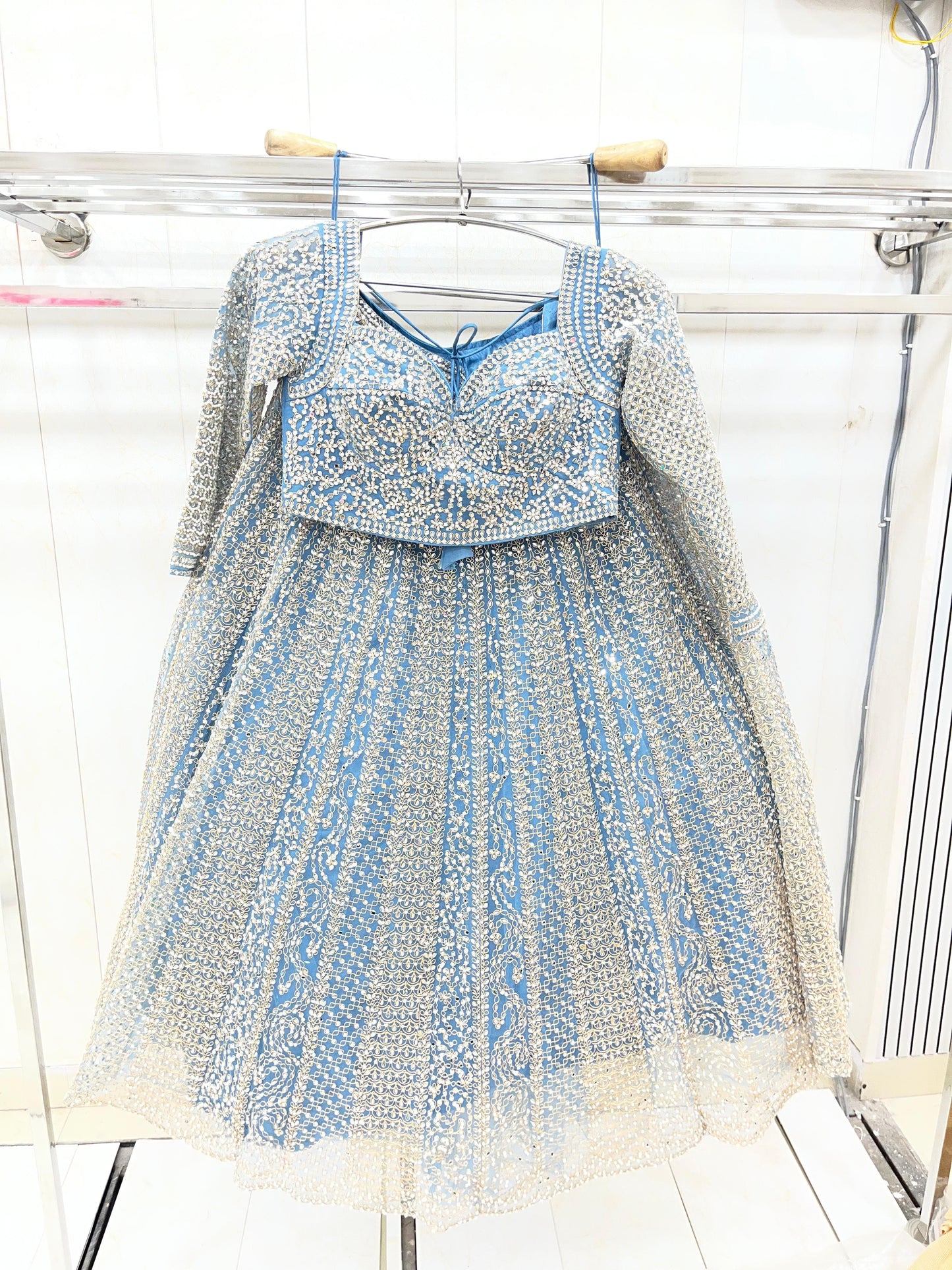 Eye Catching Sky blue Mirror Work Ready to wear Crop Top Lehenga