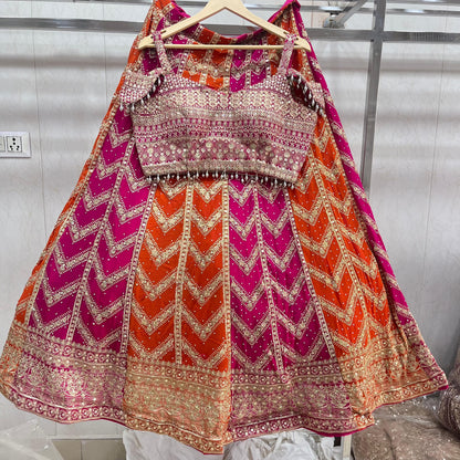 Pleasing Hot pink Rust Orange Ready to wear Crop Top Lehenga