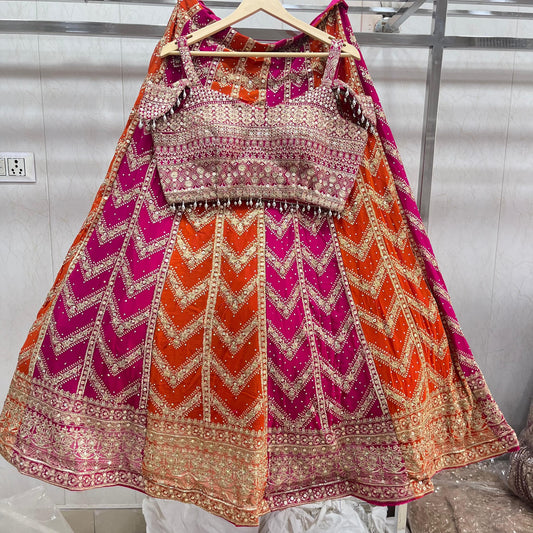 Pleasing Hot pink Rust Orange Ready to wear Crop Top Lehenga