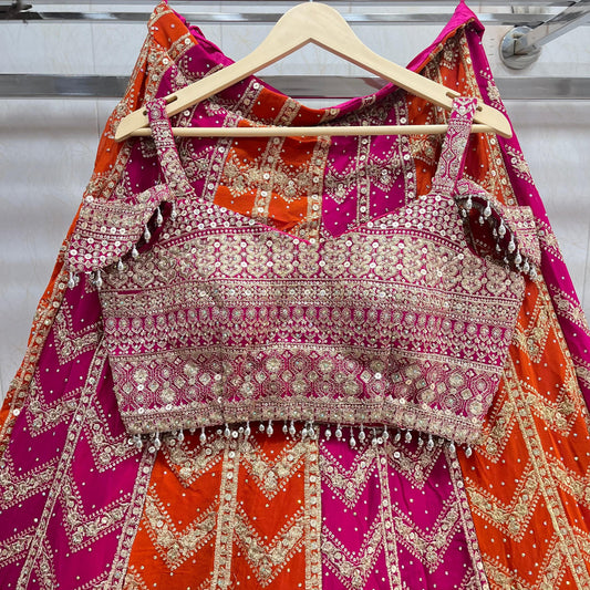 Pleasing Hot pink Rust Orange Ready to wear Crop Top Lehenga