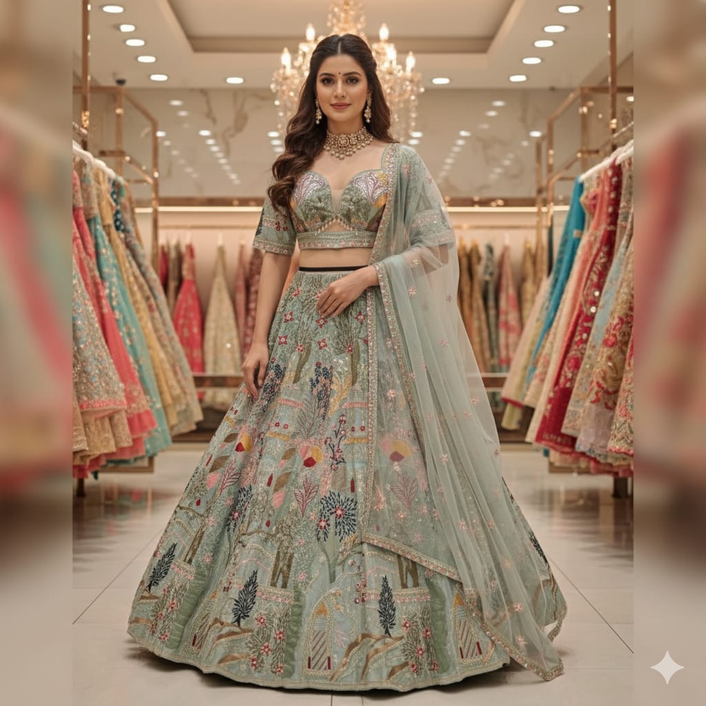 Delightful pista green Ready to wear Crop Top Lehenga