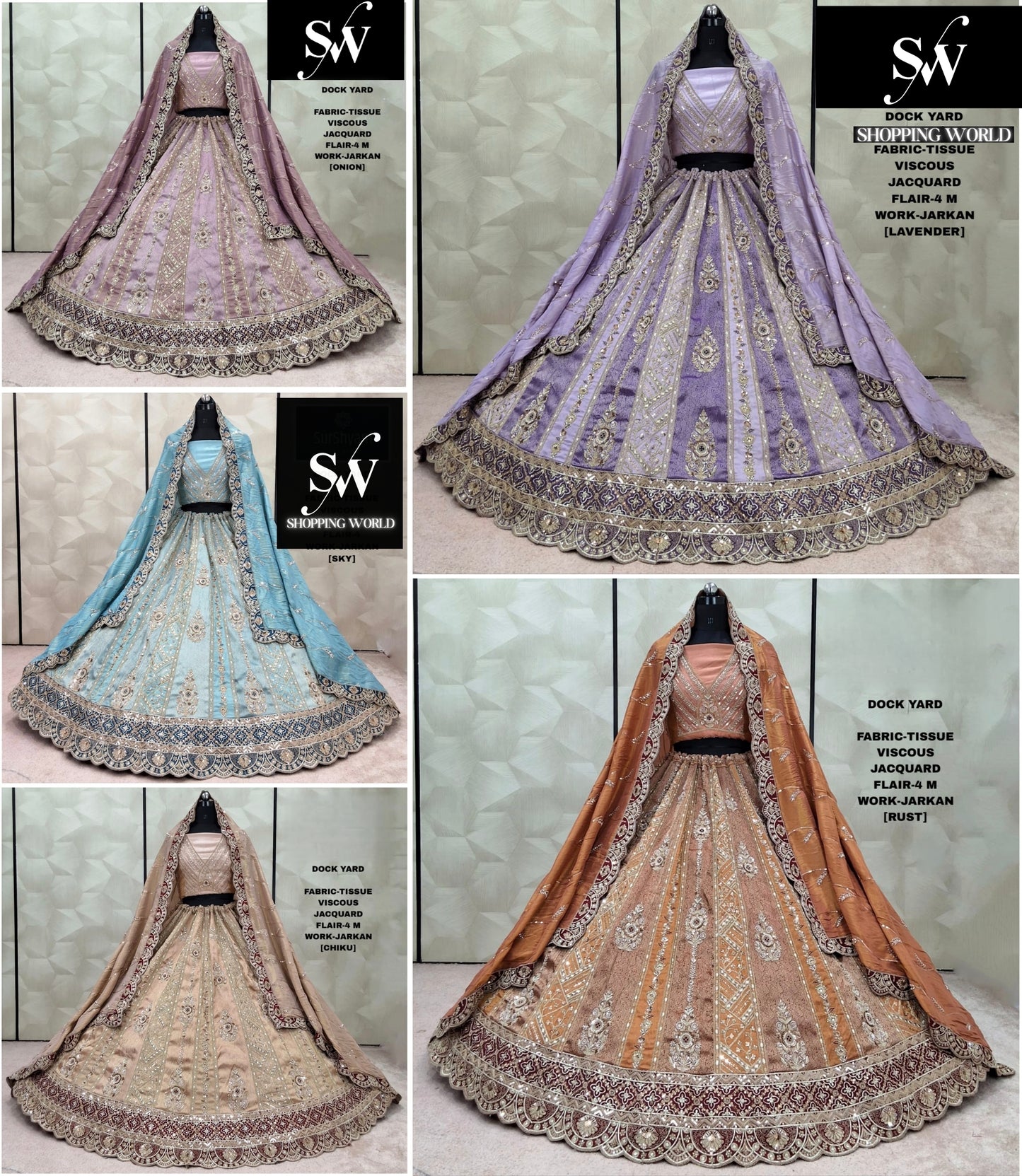 Majestic Sky blue Onion pink Lavender Chiku golden Rust orange Tissue Viscos Jacquard Lehenga