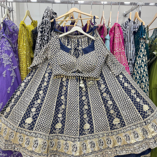 Khoobsurat Dark blue yellow Hot pink purple Ready to wear Crop Top Lehenga