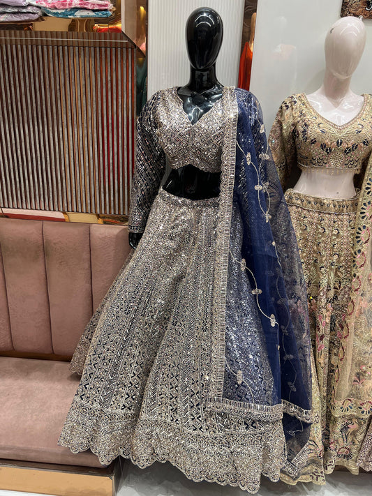 Stunning Grey Blue Crop Top Lehenga