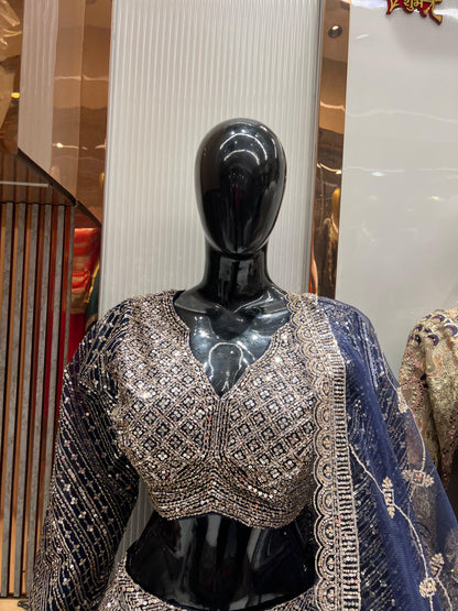 Stunning Grey Blue Crop Top Lehenga