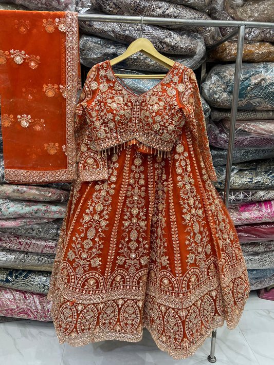 Attractive Rust Orange Crop Top Lehenga