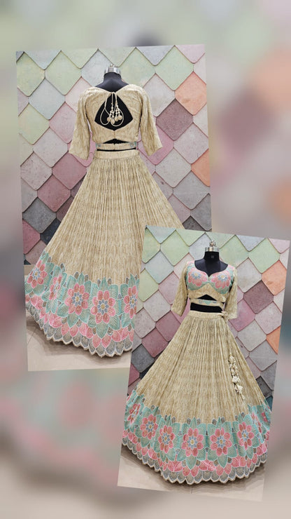 Charming pure grace golden white cream Crop Top Lehenga