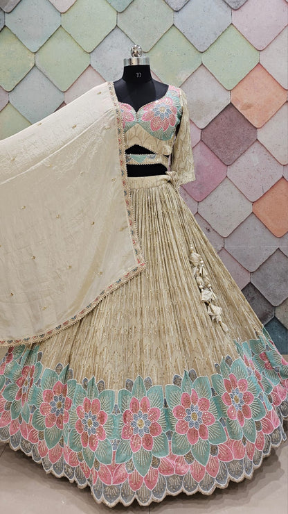 Charming pure grace golden white cream Crop Top Lehenga