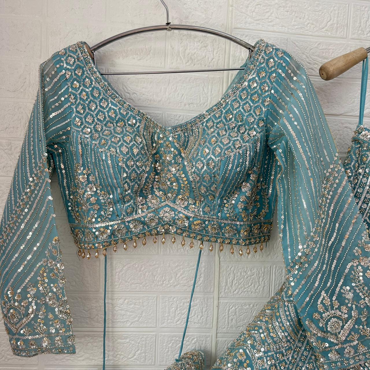 Embellished Beige golden Sky blue Baby pink Ready to wear Crop Top Lehenga