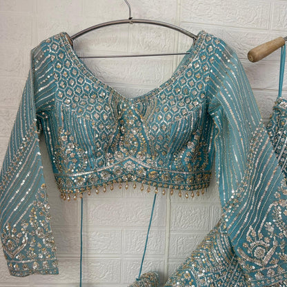 Embellished Beige golden Sky blue Baby pink Ready to wear Crop Top Lehenga