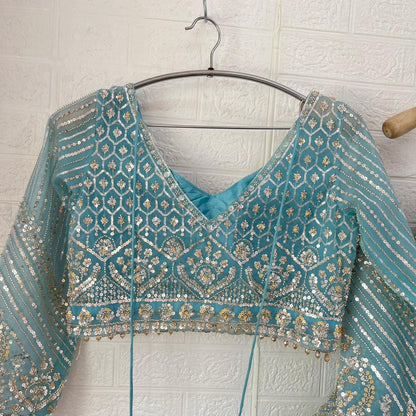 Embellished Beige golden Sky blue Baby pink Ready to wear Crop Top Lehenga