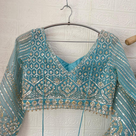 Delightful Sky blue Baby pink beige golden Ready to wear Crop Top Lehenga