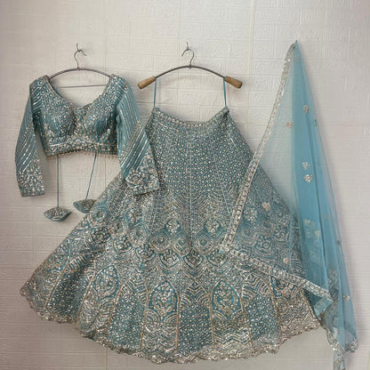 Embellished Beige golden Sky blue Baby pink Ready to wear Crop Top Lehenga