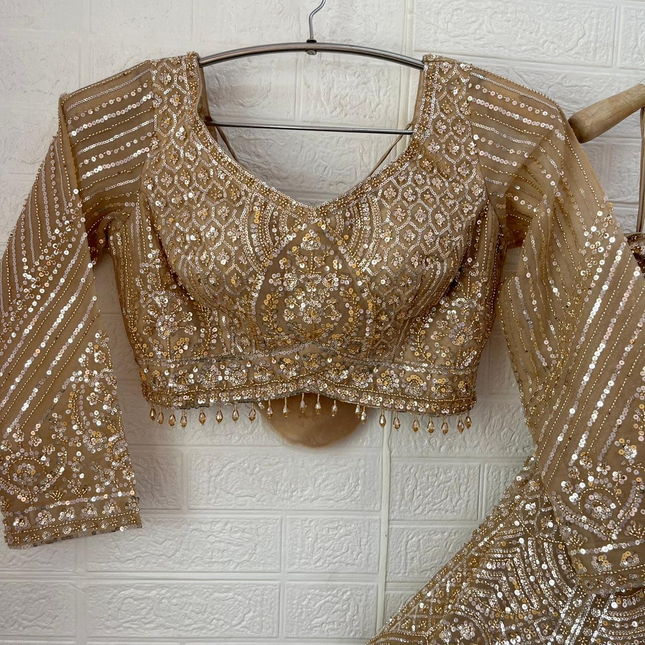 Embellished Beige golden Sky blue Baby pink Ready to wear Crop Top Lehenga