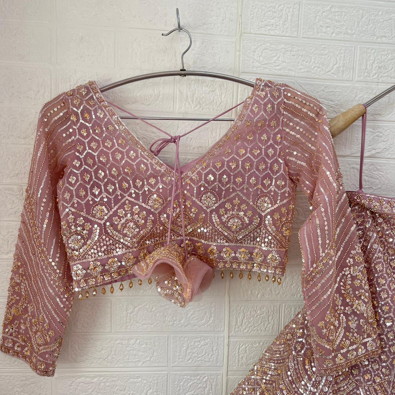 Embellished Beige golden Sky blue Baby pink Ready to wear Crop Top Lehenga