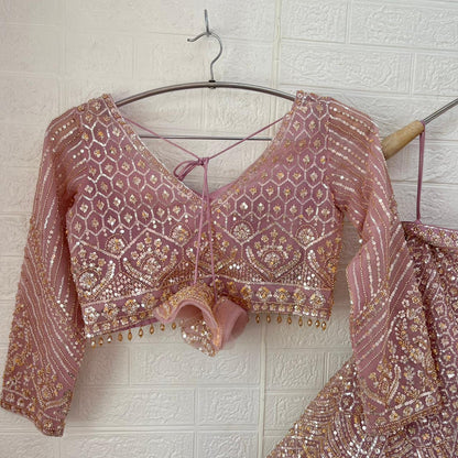 Embellished Beige golden Sky blue Baby pink Ready to wear Crop Top Lehenga