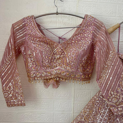 Embellished Beige golden Sky blue Baby pink Ready to wear Crop Top Lehenga