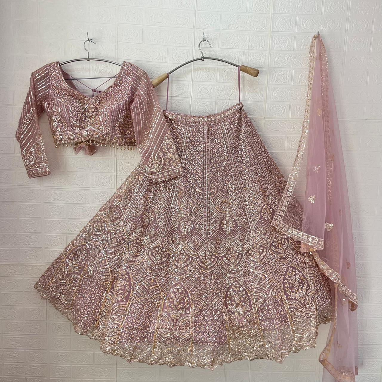 Embellished Beige golden Sky blue Baby pink Ready to wear Crop Top Lehenga