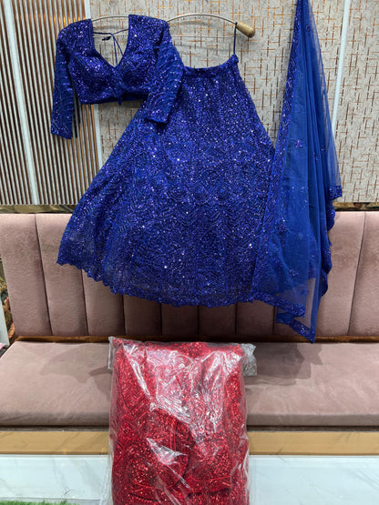 Khoobsurat Royal blue RED on blue monotone Crop Top Lehenga