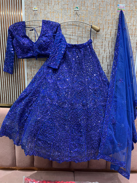 Khoobsurat Royal blue on blue monotone Crop Top Lehenga