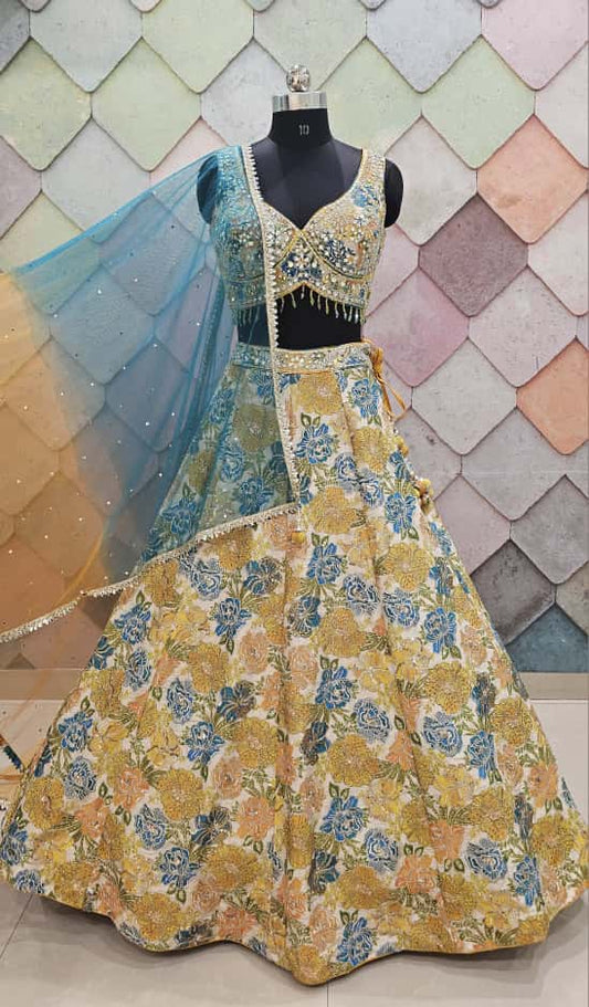 Lavishing yellow blue Crop Top Lehenga Choli