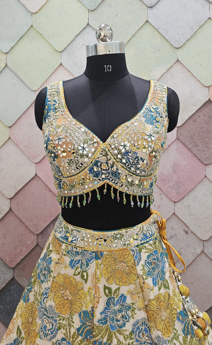 Flower Lavishing yellow blue Crop Top Lehenga Choli