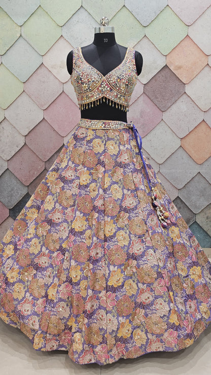 Flower Lavishing yellow blue Crop Top Lehenga Choli