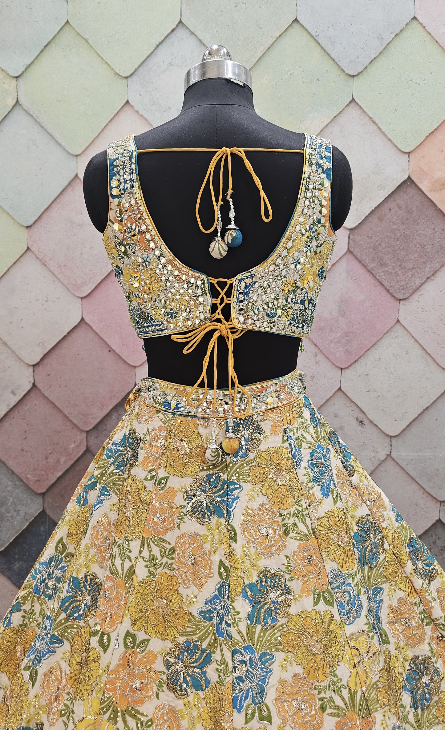 Flower Lavishing yellow blue Crop Top Lehenga Choli