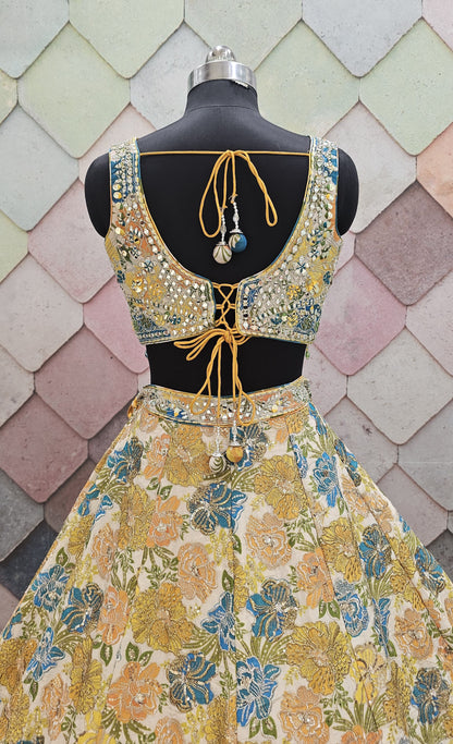 Flower Lavishing yellow blue Crop Top Lehenga Choli