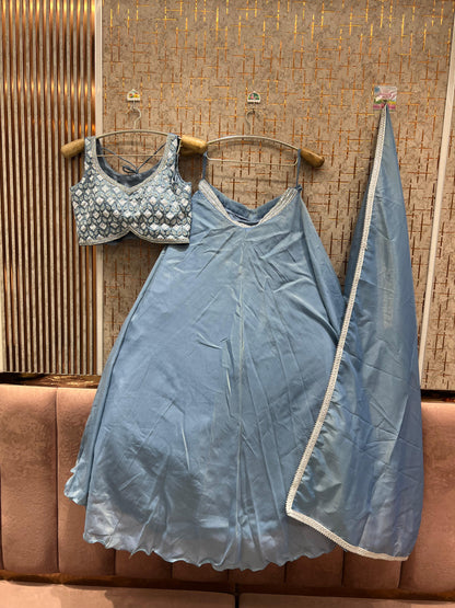 Majestic Sky blue purple pink Ready to wear Crop Top Lehenga