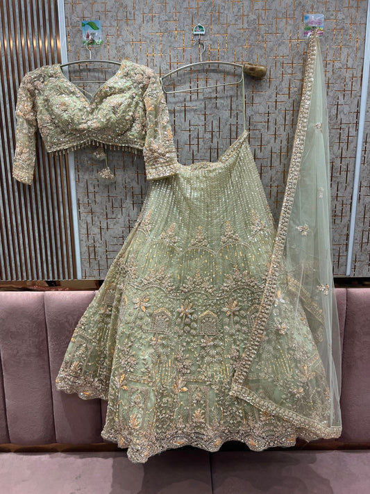 Pretty pista green Orange Ready to wear Crop Top Lehenga