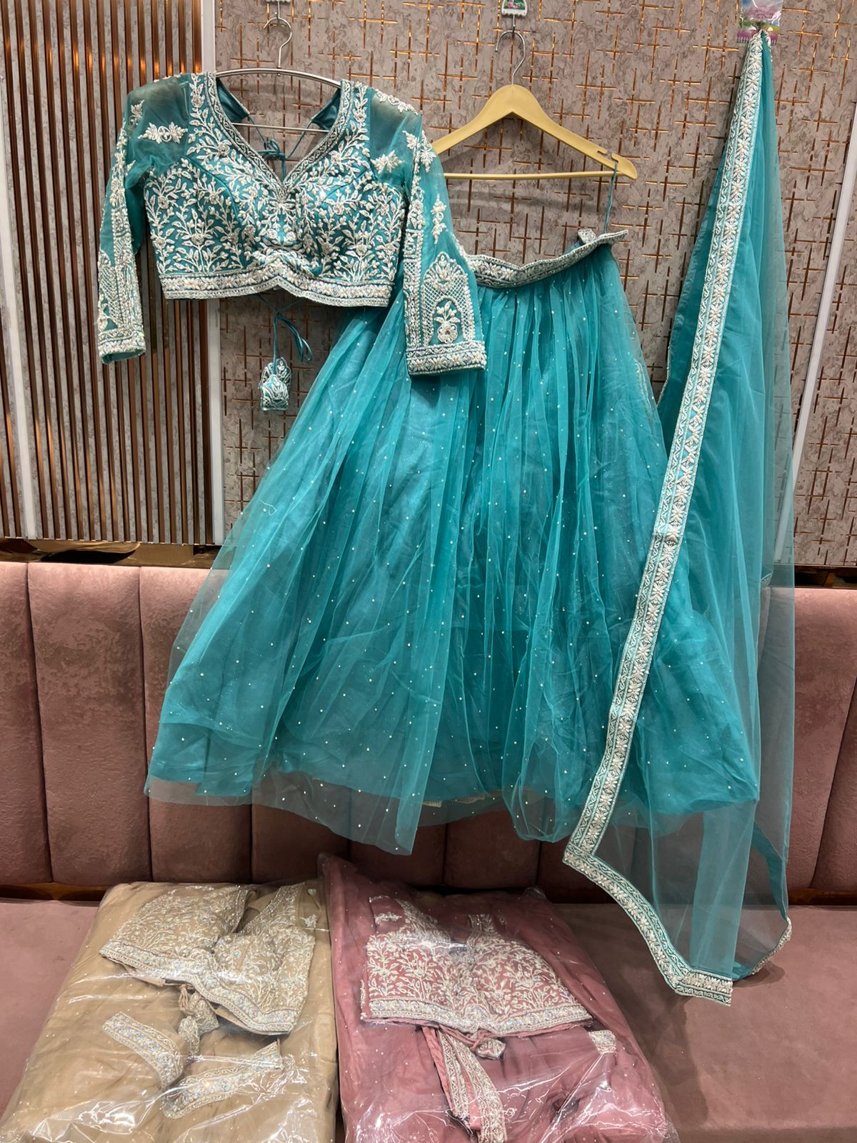 Delightful Teal blue Ready to wear Crop Top Lehenga
