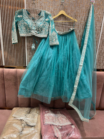 Delightful Teal blue Ready to wear Crop Top Lehenga