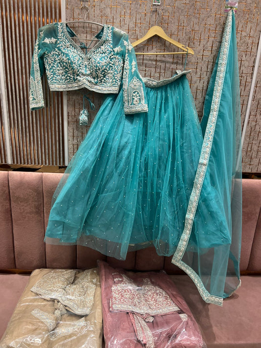 Delightful Teal blue Ready to wear Crop Top Lehenga