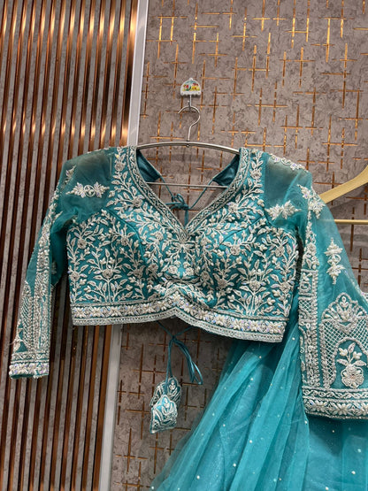 Delightful Teal blue Ready to wear Crop Top Lehenga