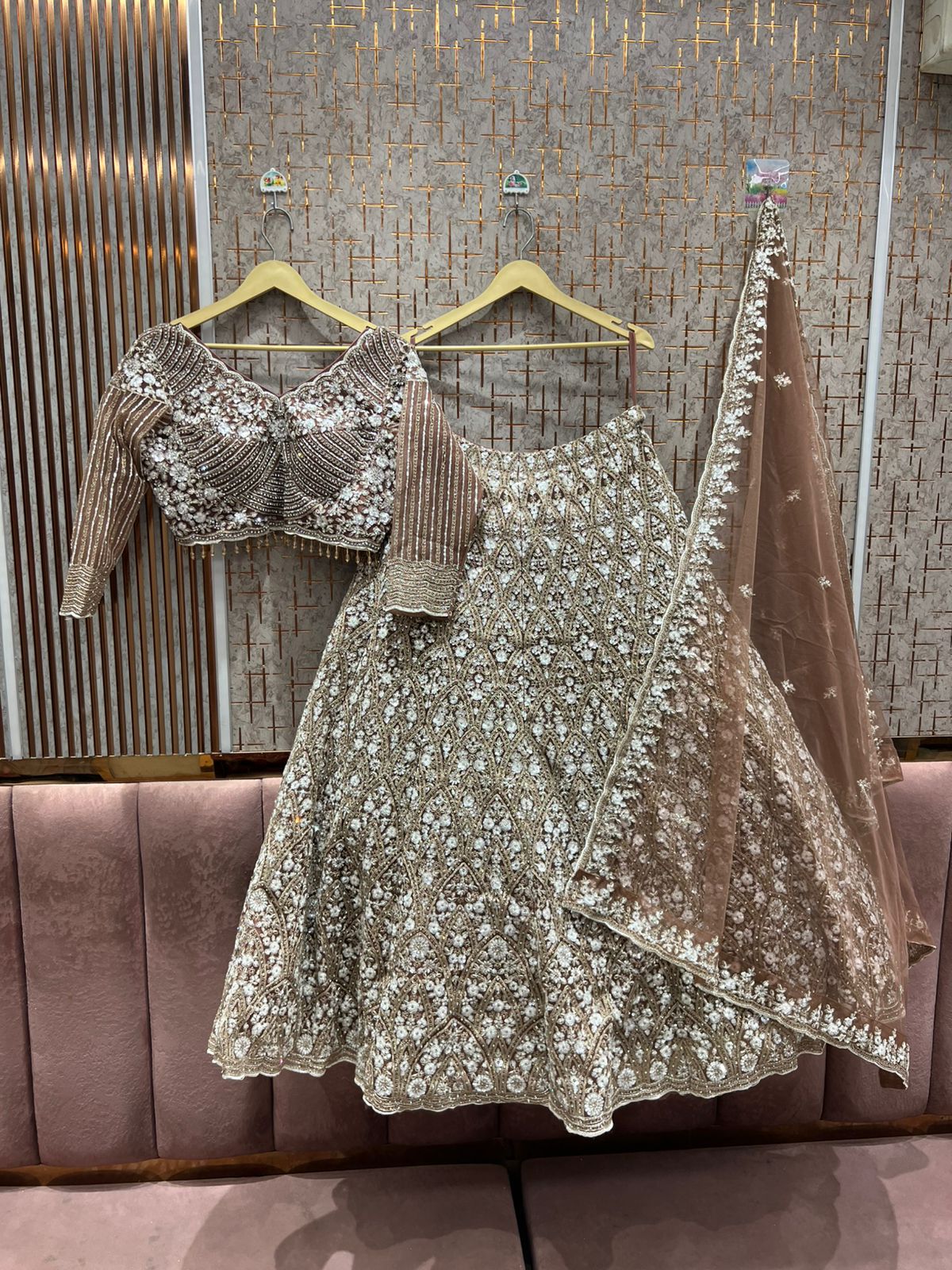 Astonishing peach beige golden Crop Top Lehengak